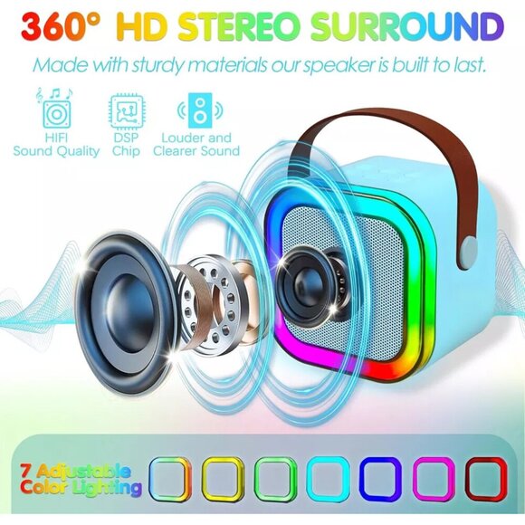 Mini Bluetooth Portable Speaker Karaoke Machine BLUE w/ 2 Microphones IROO NEW - Picture 11 of 12